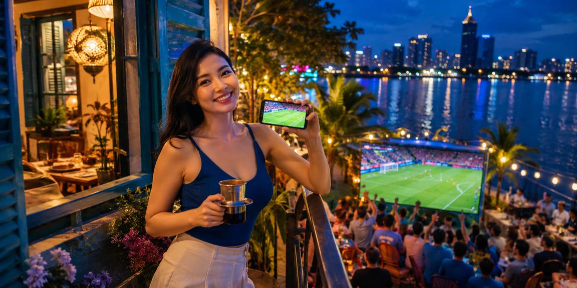 Người dùng Hồ Chí Minh theo dõi kèo bóng đá tại quán cà phê buổi tối