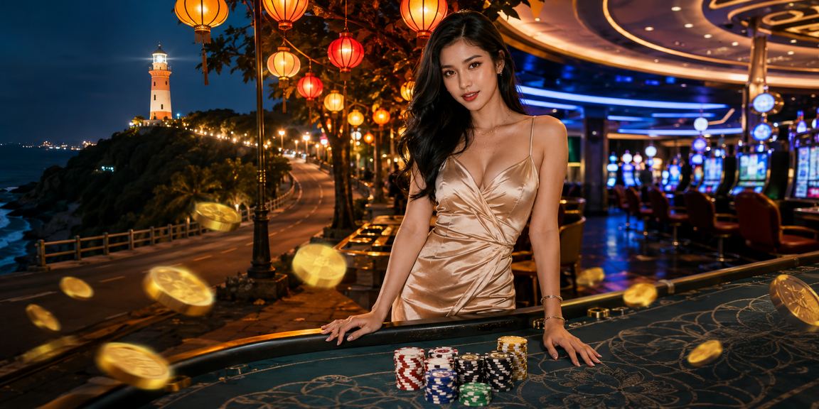 Quầy casino sầm uất tại chợ đêm Vũng Tàu với màn hình jackpot hiển thị giải thưởng lớn